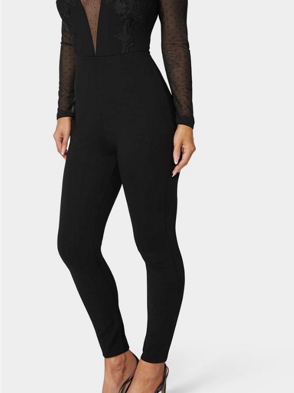 Women's Black Sheer Mesh and Lace Long Sleeve Cat Suit - Picture 2 of 9